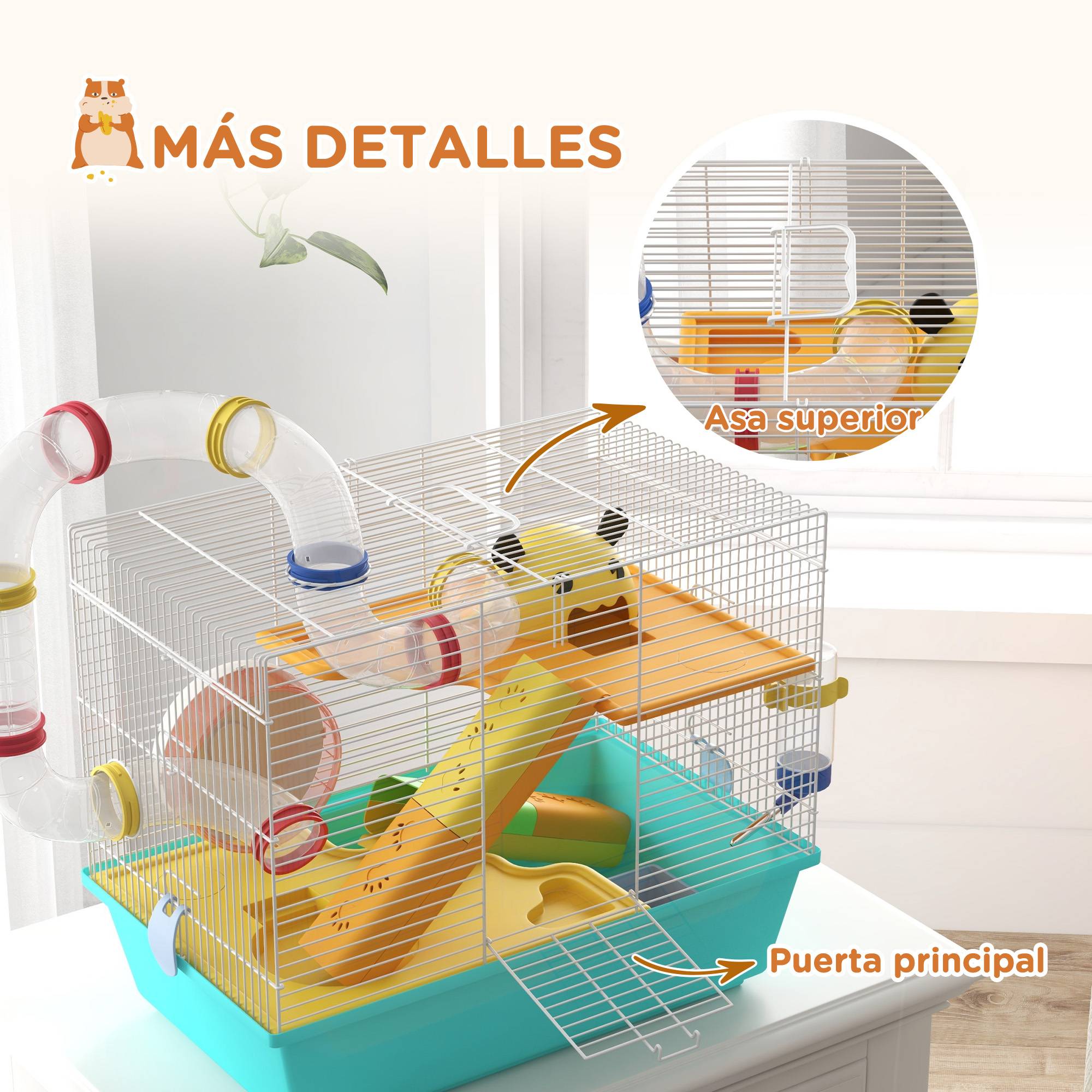 Cage pour hamster avec tunnel, plateformes, gamelle, biberon, maisonnette, rampes et roue d'exercice, 45 x 28 x 37 cm, bleu clair - Image 10