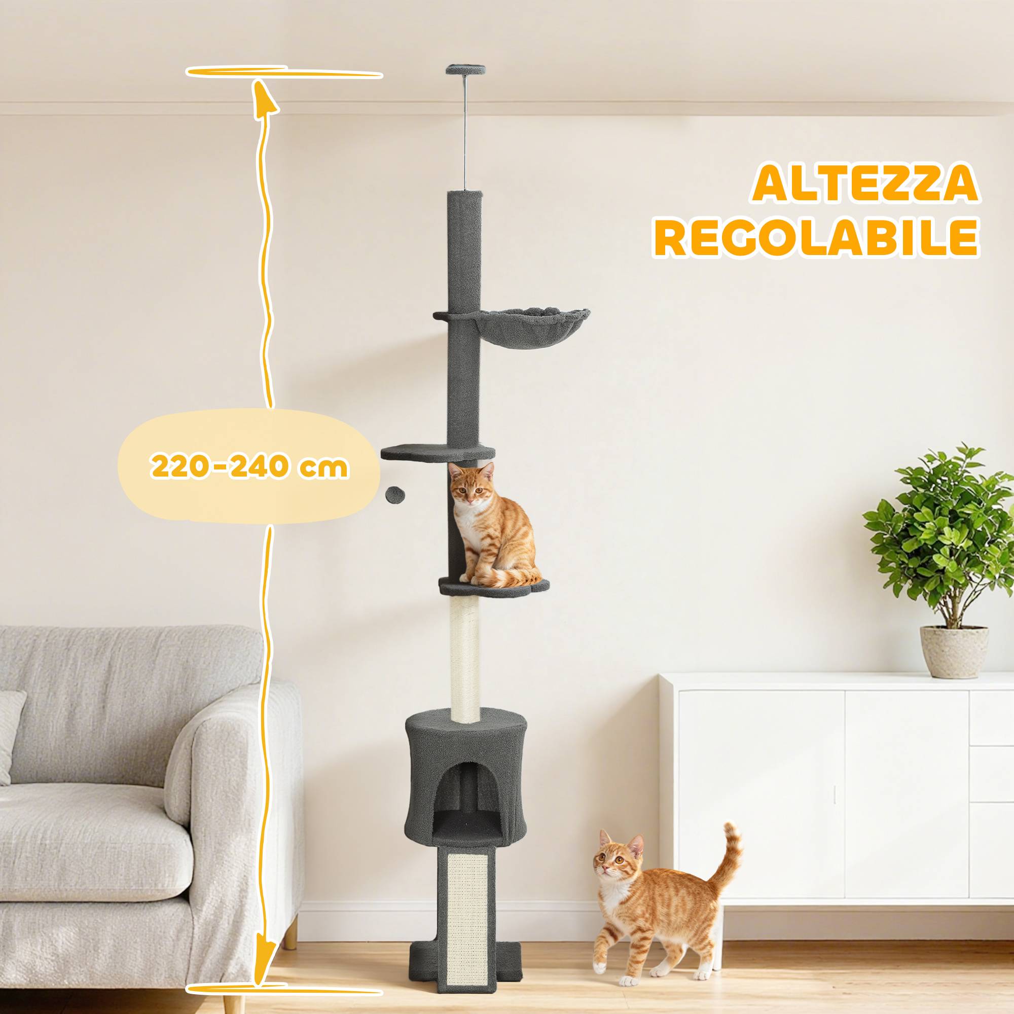 Arbre pour chats plafond 220-240cm avec hamac, niche, plateformes fleur et sisal, gris - Image 6