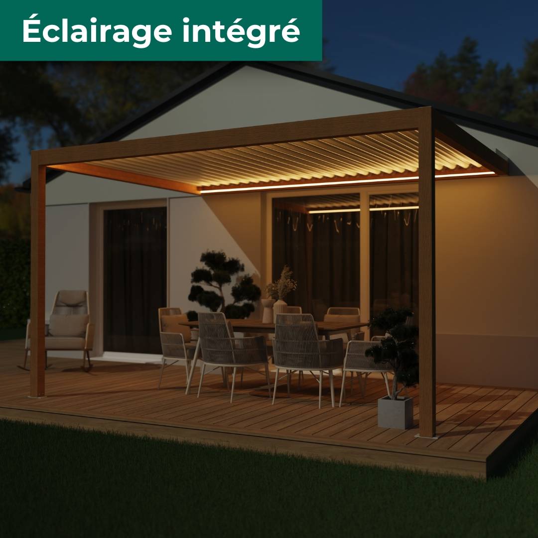 Pergola Bioclimatique Adossée Motorisée Éclairée Aluminium 4x3 Aspect Bois SV ORIAL France - Image 5
