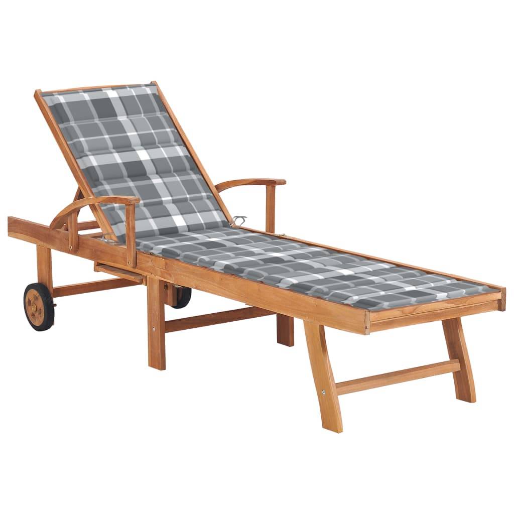Helloshop26 - Transat chaise longue bain de soleil lit de jardin terrasse meuble d'extérieur avec coussin à carreaux gris bois de teck solide - Imagen 1