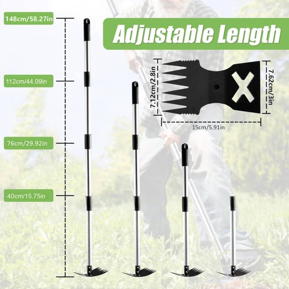 Outils de désherbage-Extracteur de mauvaises herbes 2-en-1 – Manche réglable 42-150 cm – Râteau + binette en acier -Living123 - Image 2
