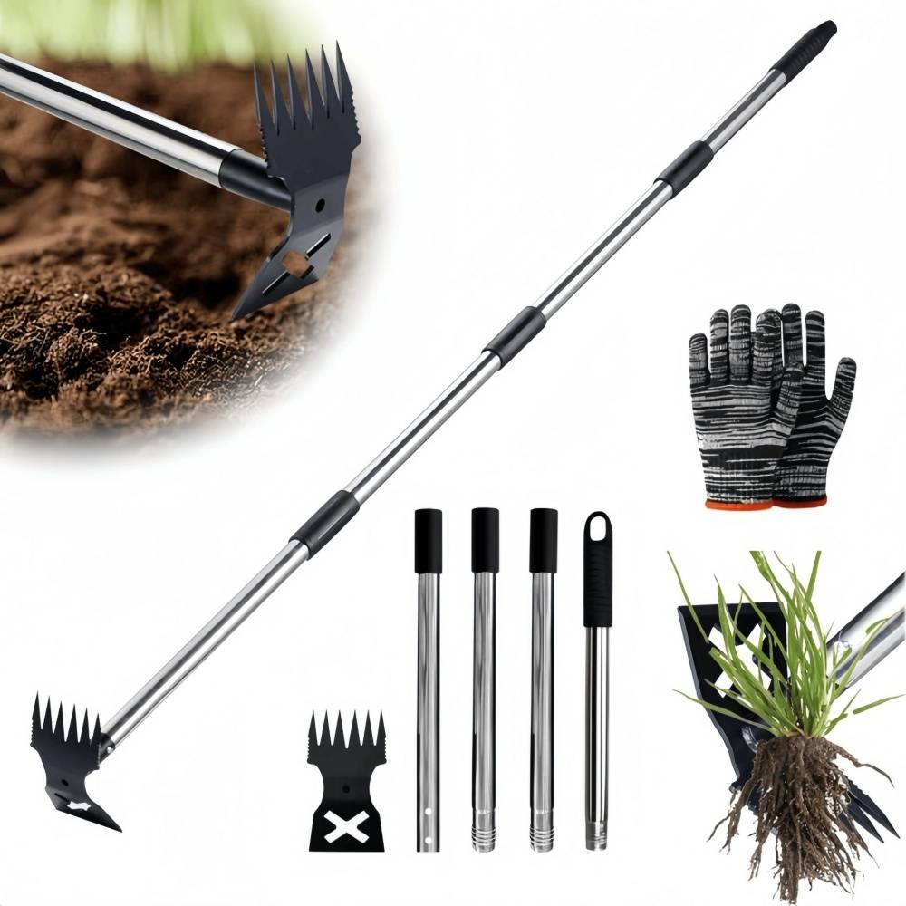 Outils de désherbage-Extracteur de mauvaises herbes 2-en-1 – Manche réglable 42-150 cm – Râteau + binette en acier -Living123