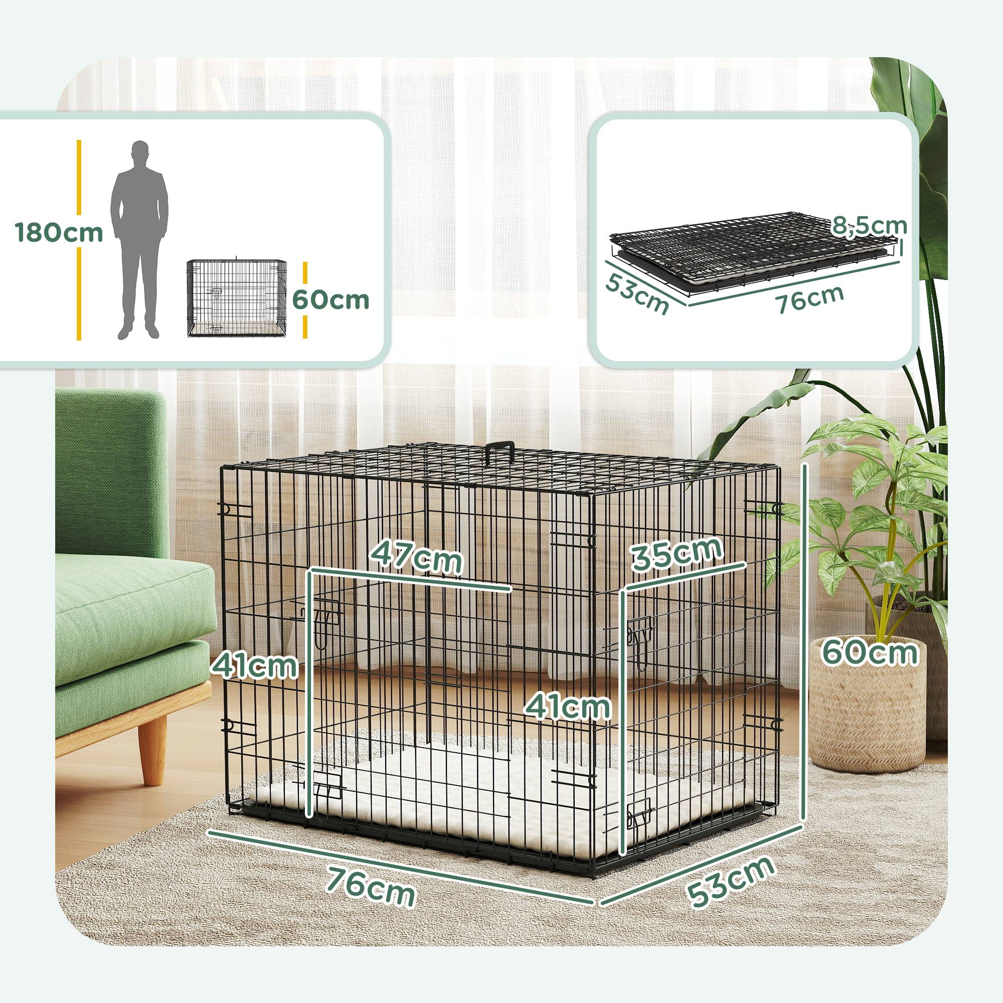 Cage transport pliable acier pour petit chien double porte 76x53x60cm noir - ComfortXL Outdoor Living - Image 5