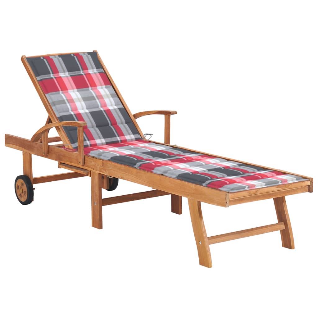 Helloshop26 - Transat chaise longue bain de soleil lit de jardin terrasse meuble d'extérieur avec coussin à carreaux rouge bois de teck solide - Imagen 1