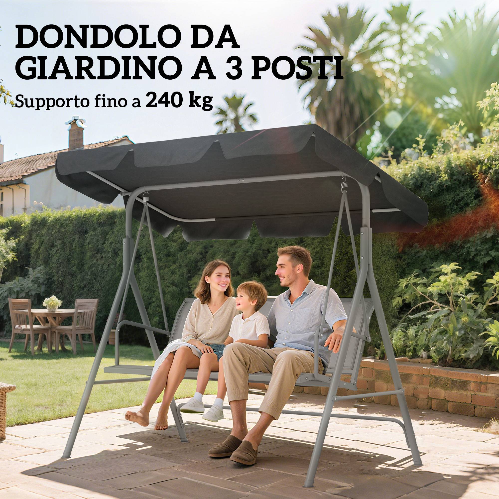 Balancelle de jardin 3 places métal pour terrasse toit amovible gris foncé 171x108x154cm - ComfortXL Outdoor Living - Image 9