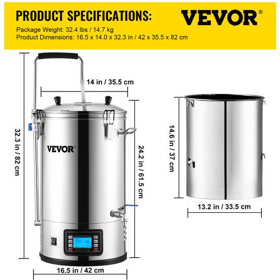 VEVOR Cuve brassage 30 L, système tout-en-un inox 35L, pompe, écran LCD, pour brassage maison. - Image 7