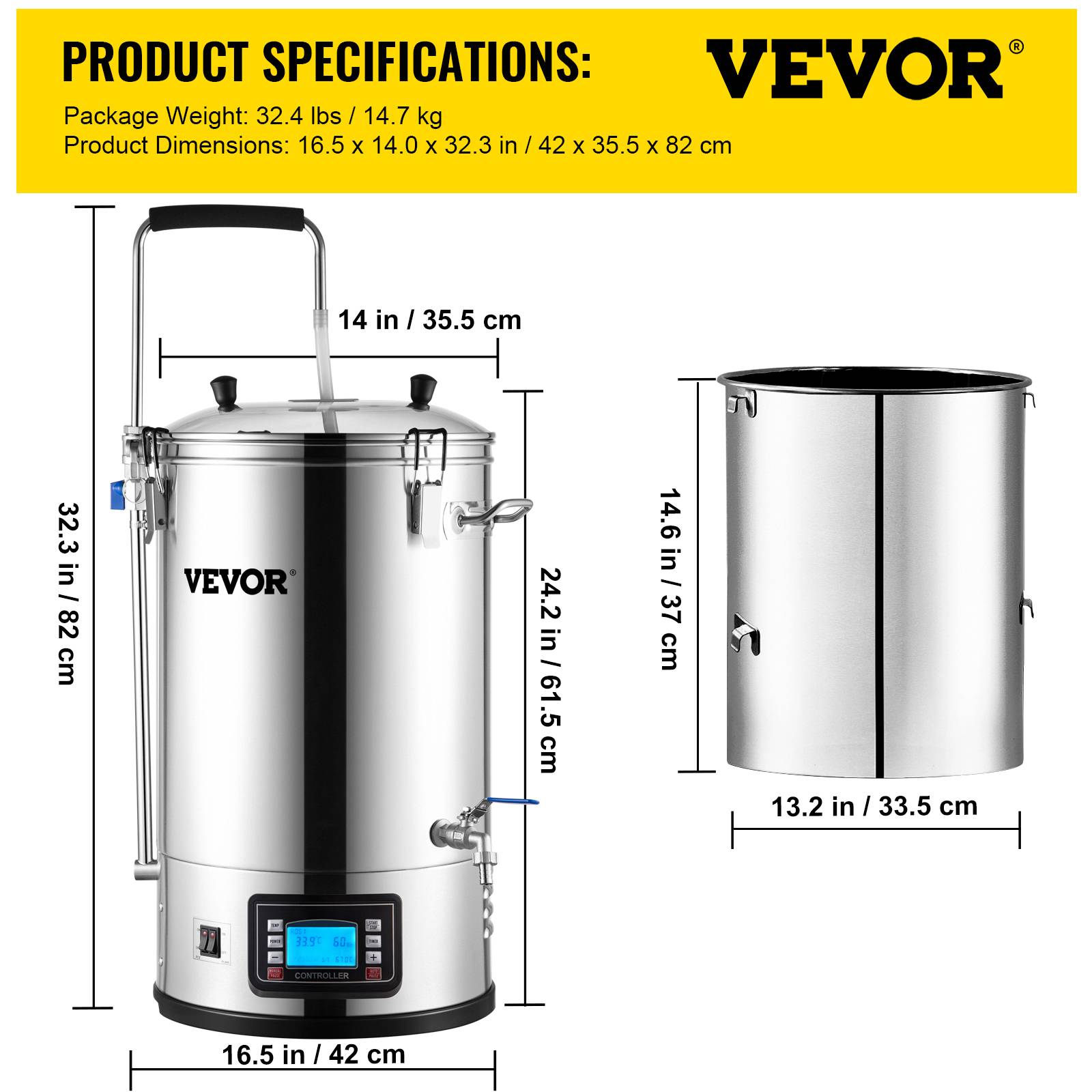 VEVOR Cuve brassage 30 L, système tout-en-un inox 35L, pompe, écran LCD, pour brassage maison. - Image 7