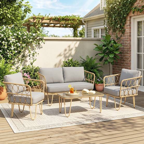 Salon jardin rotin style bohème, canapé 2 places, 2 fauteuils et table verre - Image 3