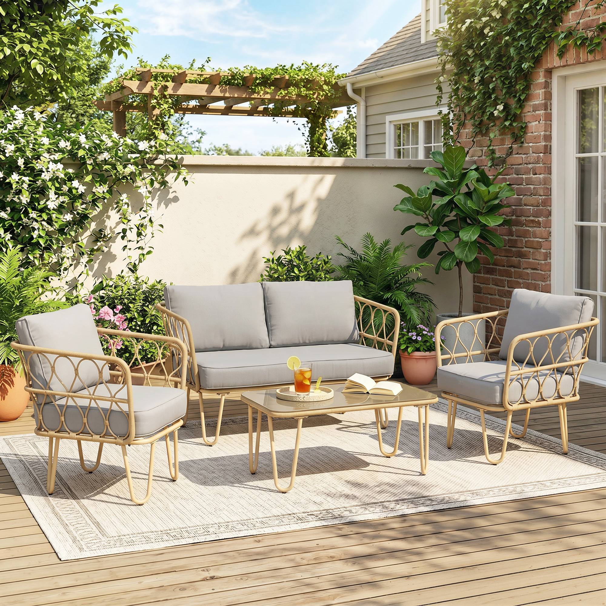 Salon jardin rotin style bohème, canapé 2 places, 2 fauteuils et table verre - Image 3