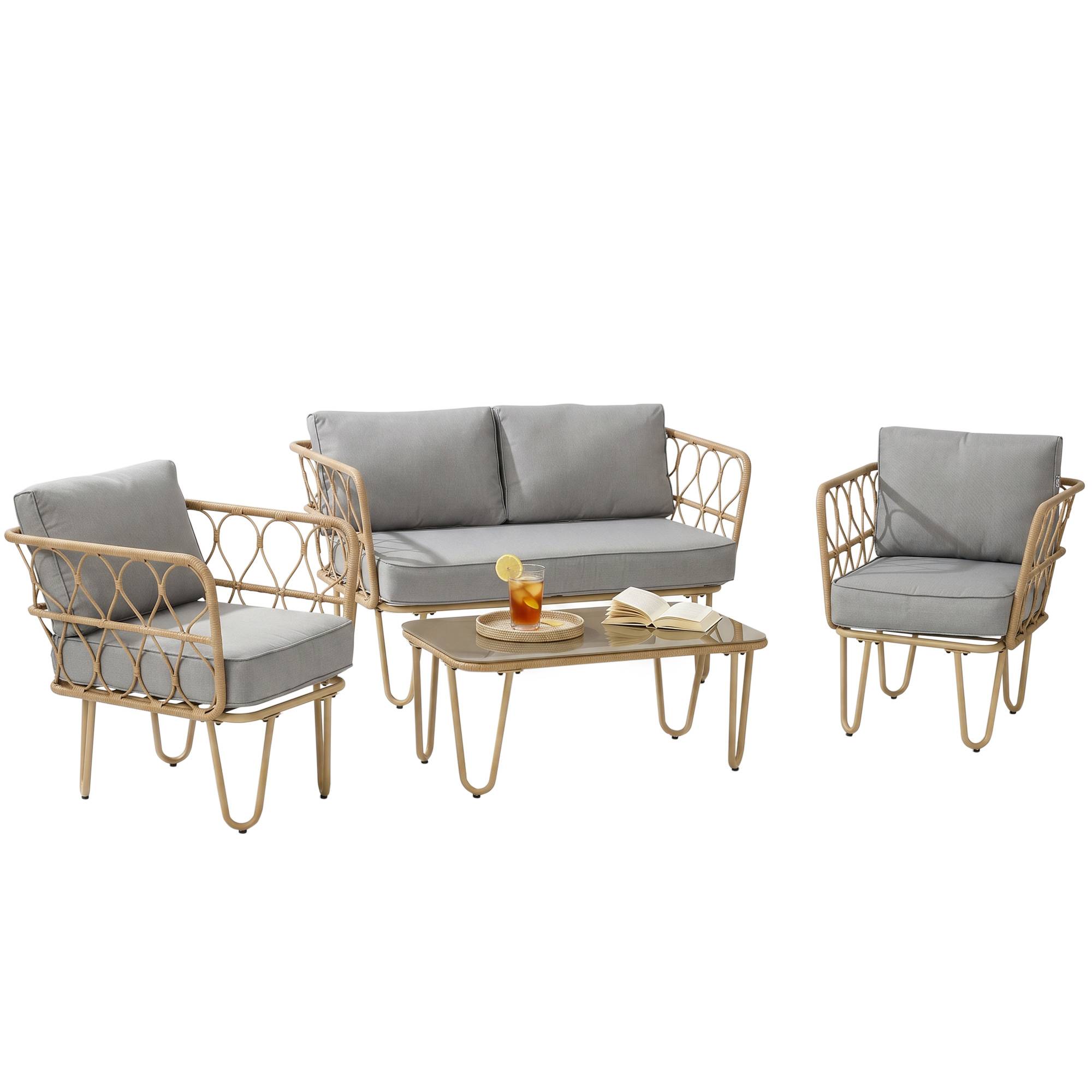 Salon jardin rotin style bohème, canapé 2 places, 2 fauteuils et table verre - Image 1