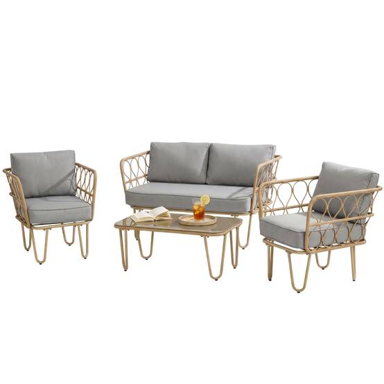 Salon jardin rotin style bohème, canapé 2 places, 2 fauteuils et table verre - Image 2