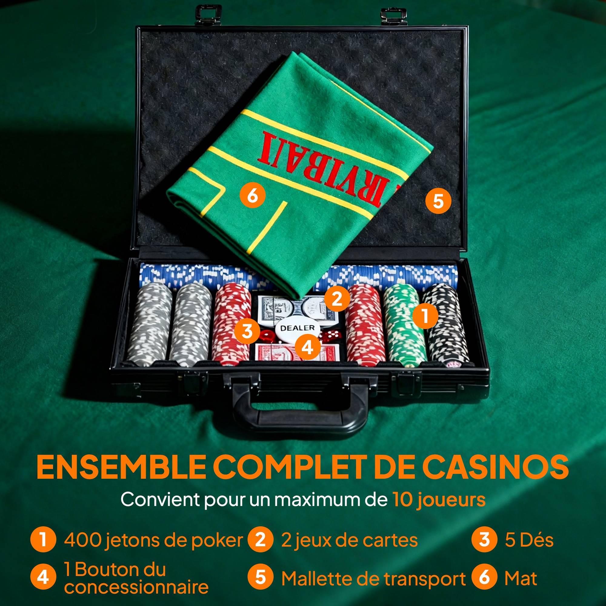 Mallette de poker coffret de poker complet 400 jetons, boîtier en ABS, cartes à jouer, dés, dealer, tapis, clés - Image 6