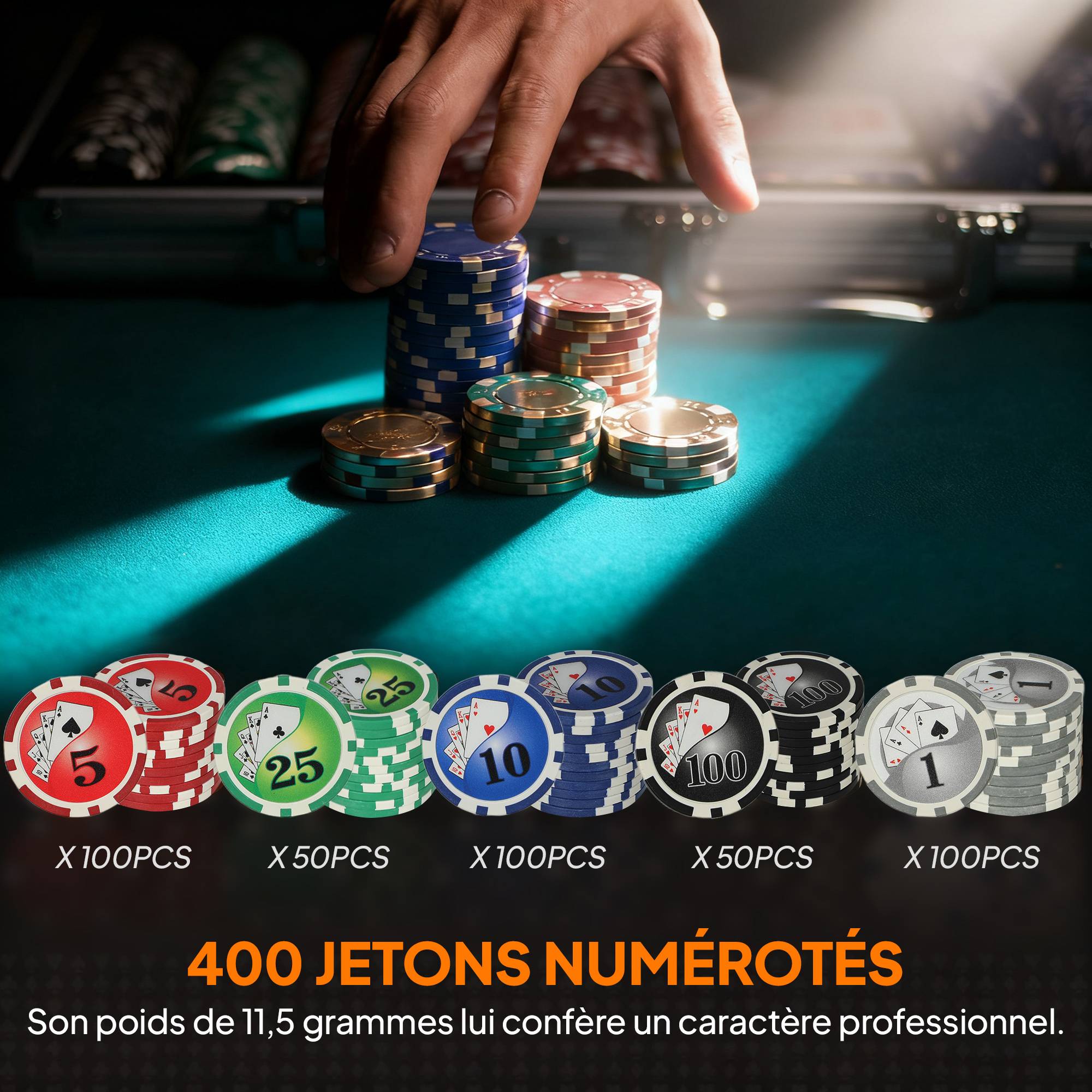 Mallette de poker coffret de poker complet 400 jetons, boîtier en ABS, cartes à jouer, dés, dealer, tapis, clés - Image 7