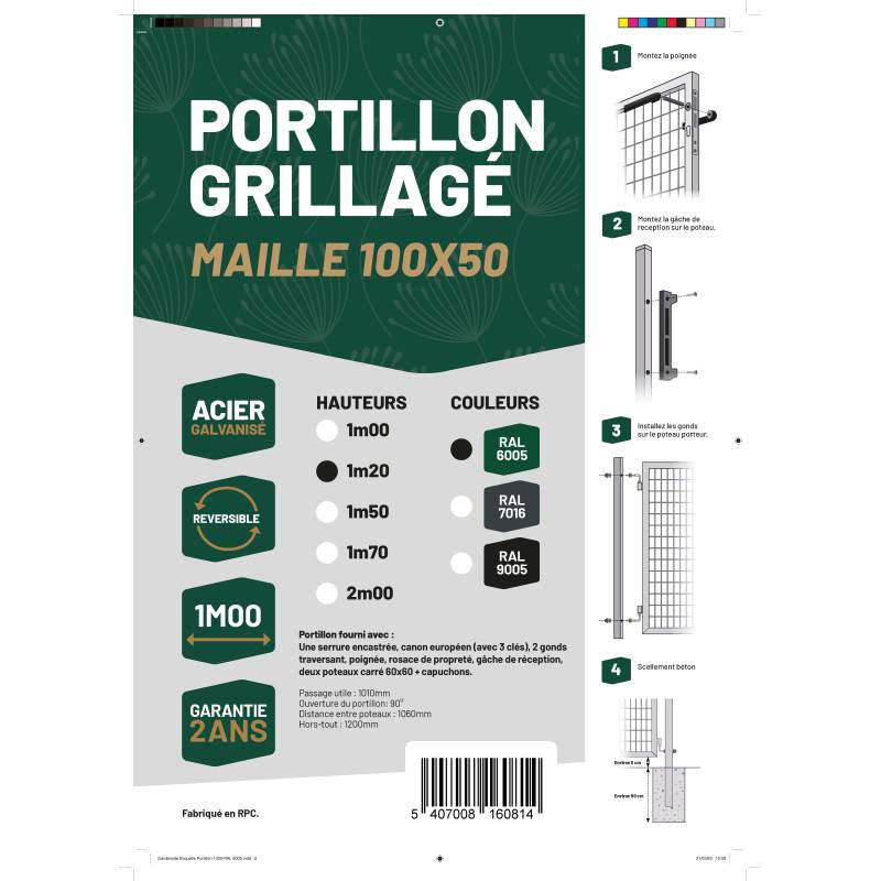 Portillon grillagé en acier galvanisé maille 100 x 50 L 1m x H 1m20 Vert - Easy Clôture - Imagen 7