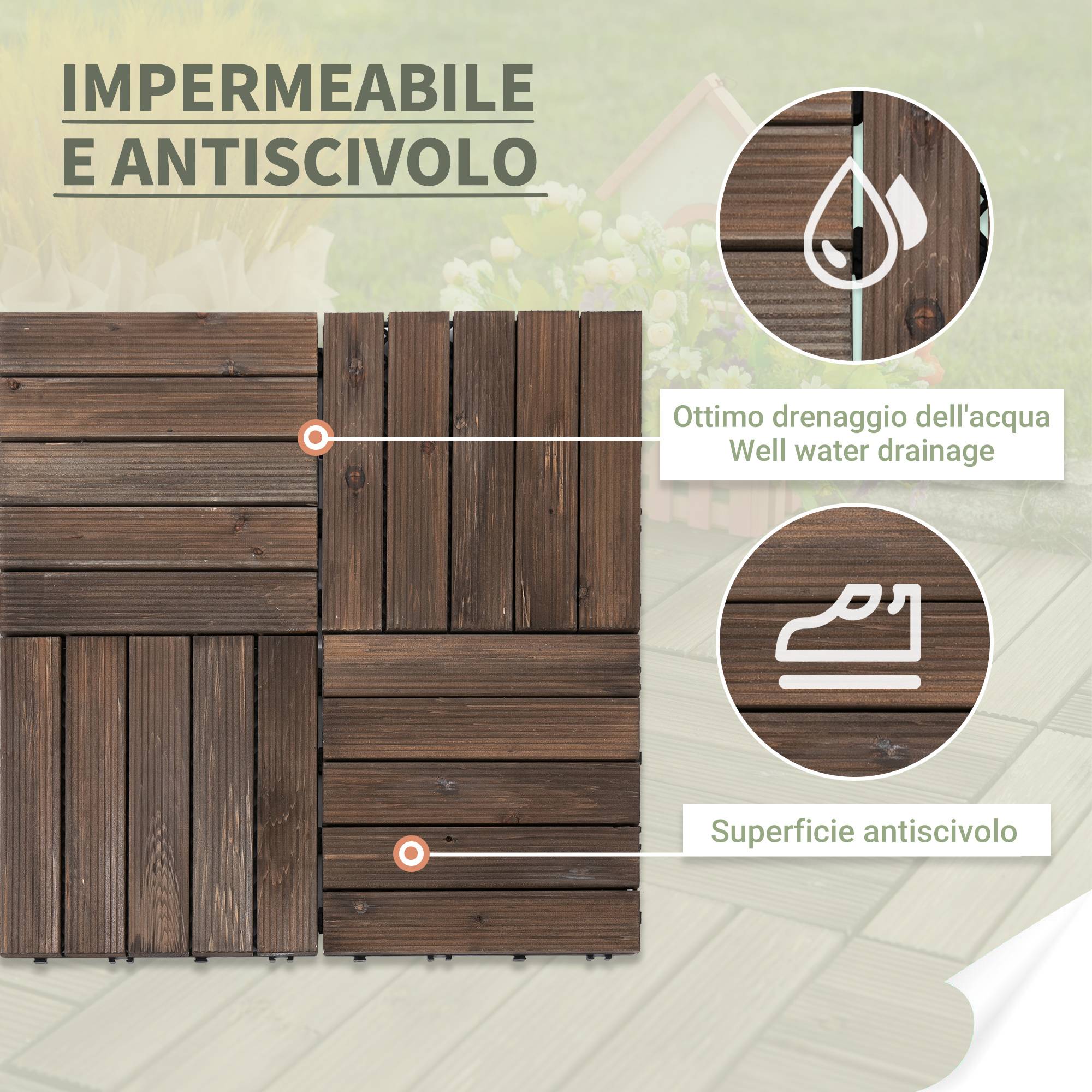 ComfortXL - Dalles de terrasse clipsables en bois de sapin et PVC noir 30 x 30 cm lot de 27 pour extérieur antidérapant - Image 6