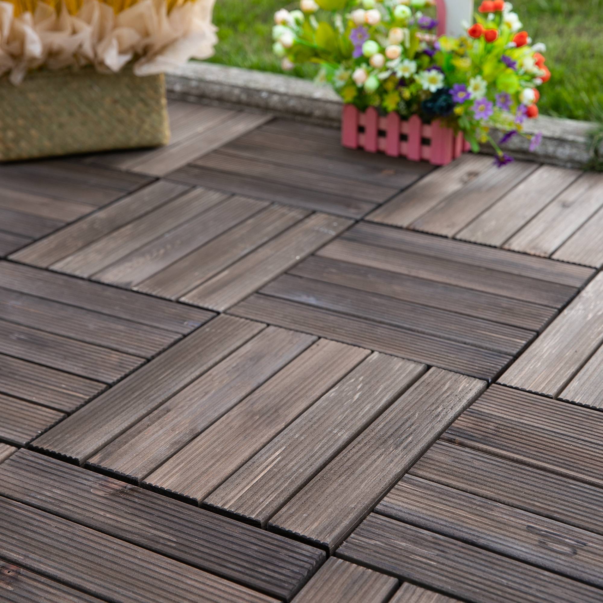 ComfortXL - Dalles de terrasse clipsables en bois de sapin et PVC noir 30 x 30 cm lot de 27 pour extérieur antidérapant - Image 1