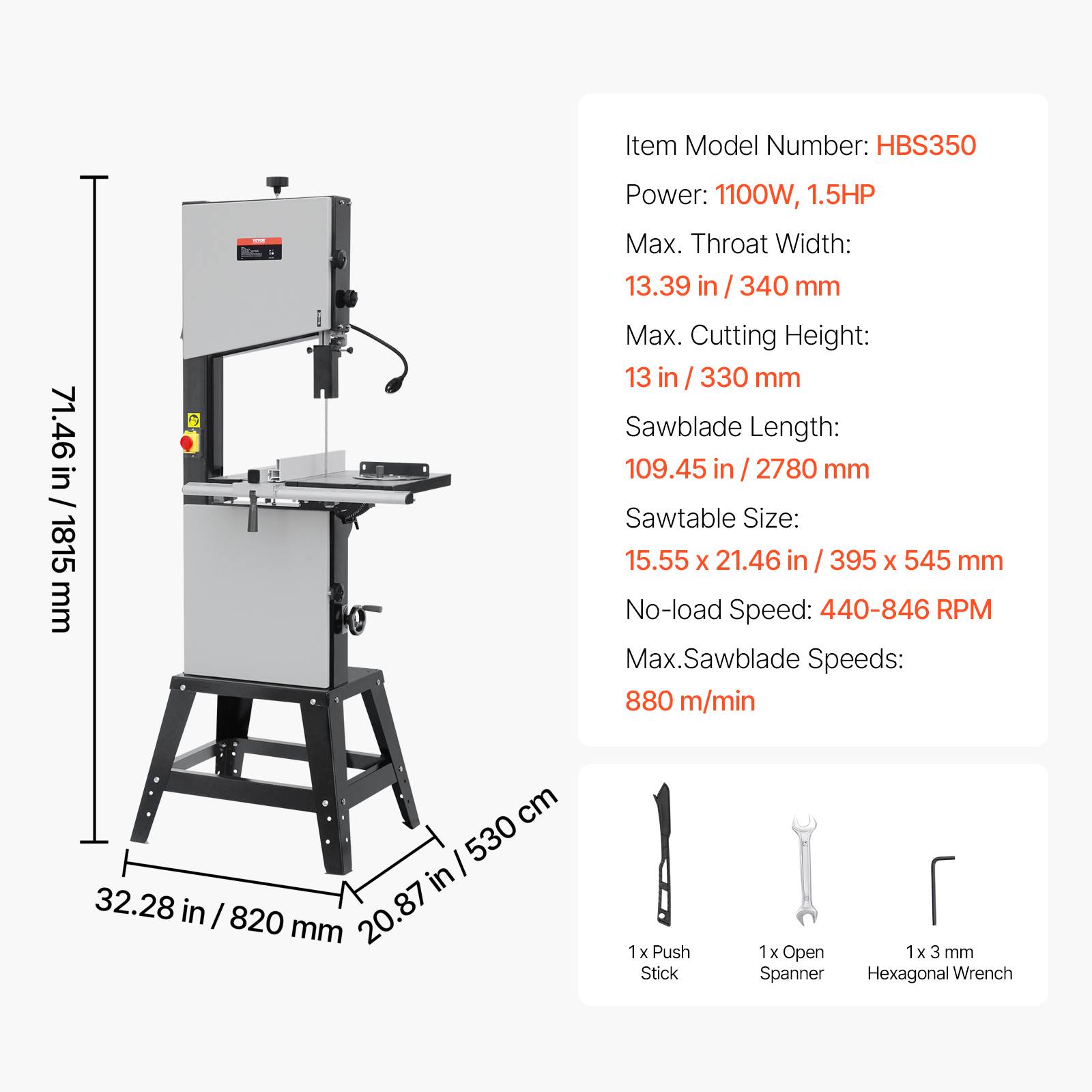 VEVOR Scie à ruban établi, 340 mm, 440-846 tr/min, 1100 W, hauteur coupe 330 mm. - Image 7