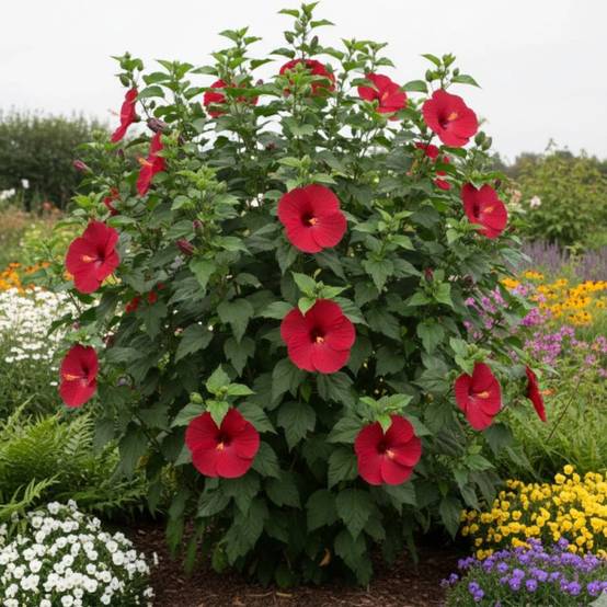 Hibiscus des marais Luna™ Red F1 à fleurs Rouge - feuillage Caduc - Pot de 4L - 40/60 cm- hauteur à maturité De 1,00 m à 1,50 m - Image 3