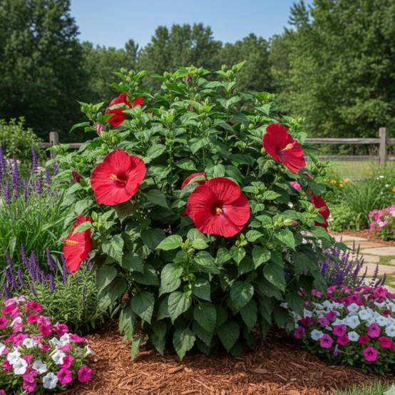 Hibiscus des marais Luna™ Red F1 à fleurs Rouge - feuillage Caduc - Pot de 4L - 40/60 cm- hauteur à maturité De 1,00 m à 1,50 m - Image 4