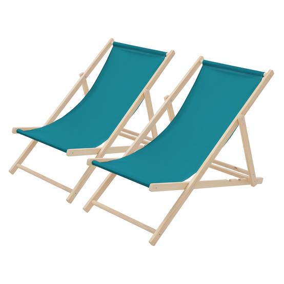 Set 2x Chaise longue de jardin pliable pétrole en bois chiliennes 3 positions de couchage jusqu'à 120 kg usage intérieur et extérieur balcon terrasse - Image 1