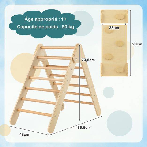 Helloshop26 - 3 en 1 triangle d'escalade enfant en bois rampe double face à angle réglable pour grimper et glisser naturel - Imagen 3