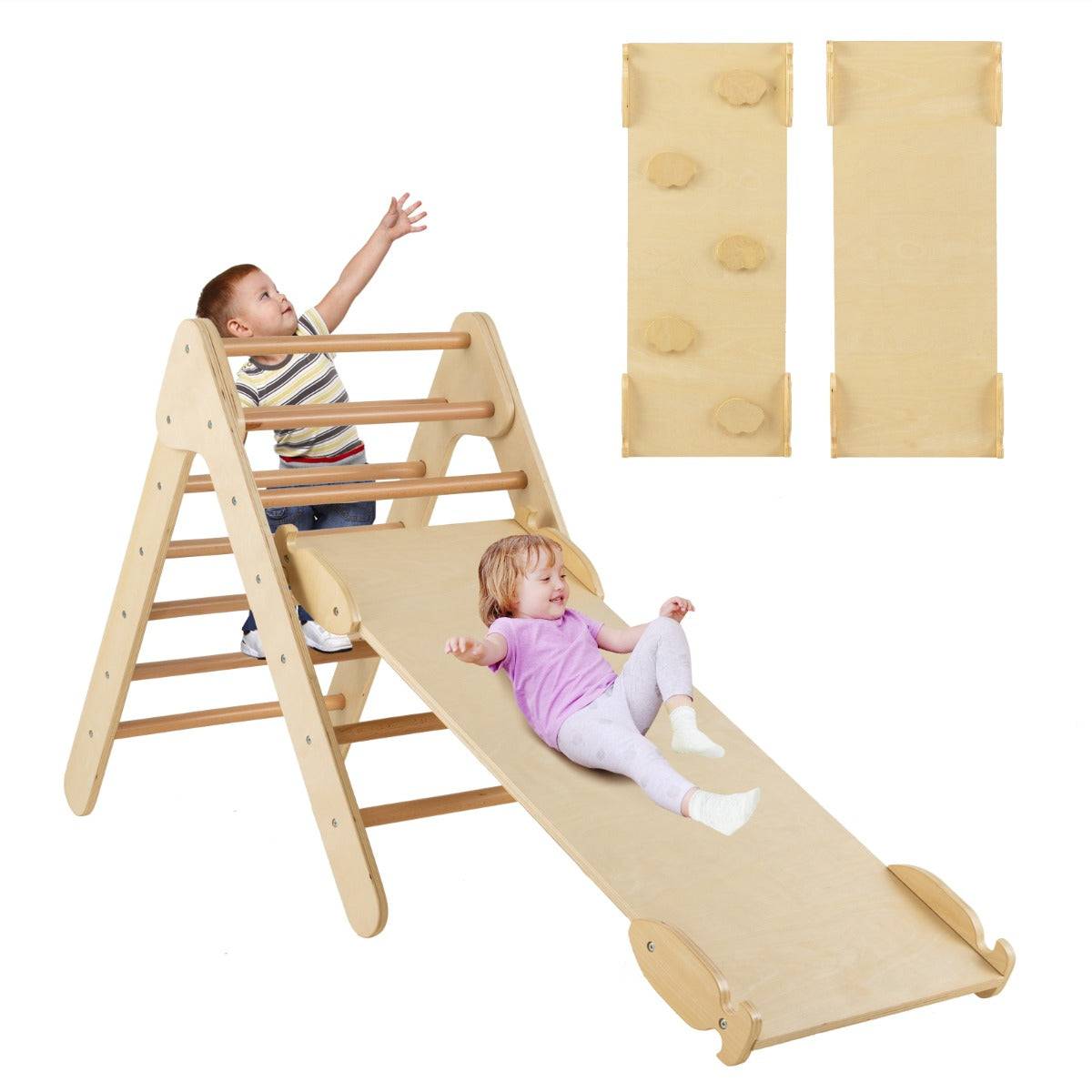 Helloshop26 - 3 en 1 triangle d'escalade enfant en bois rampe double face à angle réglable pour grimper et glisser naturel - Imagen 2