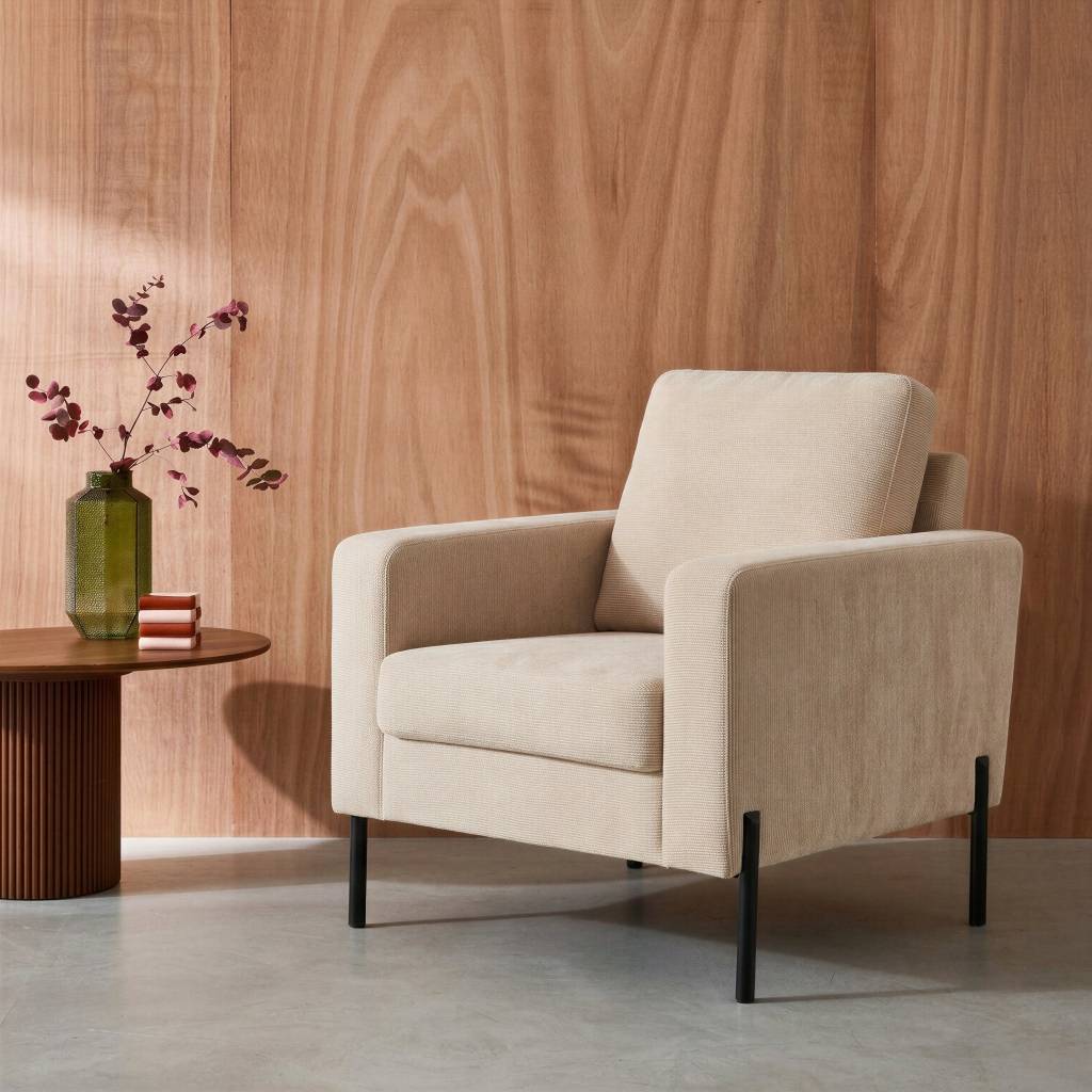 sweeek - Fauteuil en velours côtelé beige - Bjorn - Canapé 1 place fixe droit pieds métal | sweeek