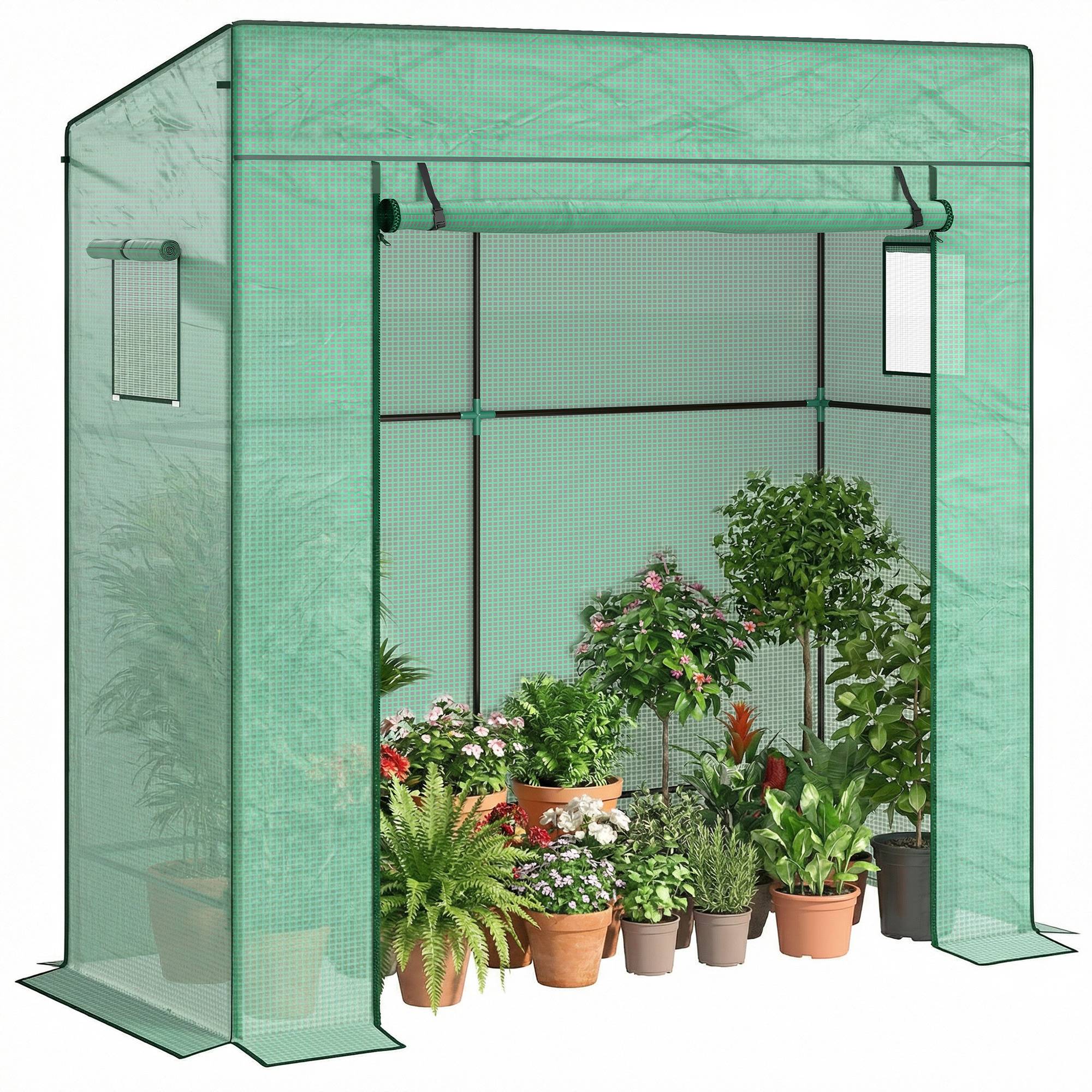 Sans Marque - Serre plantes 196x77x197 cm serre potagère acier PE 2 fenêtres grillagées porte sectionnelle culture légumes fleurs serre verte jardin extérieur