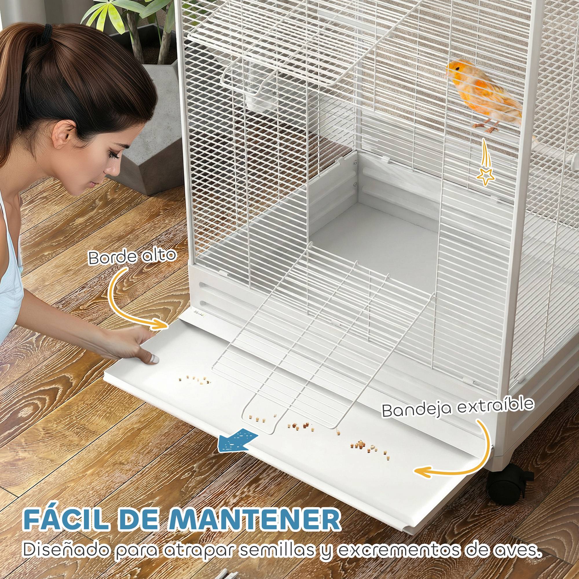 Cage pour oiseaux avec roues, 79x65x155 cm, grande cage avec 2 mangeoires, 8 perchoirs et plateau amovible, blanc - Image 7