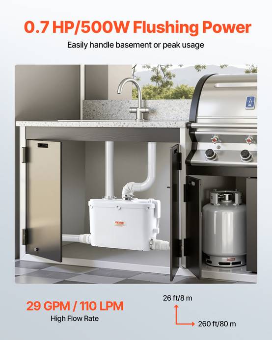VEVOR Pompe macératrice 500W, égout 4 entrées eau, 110 L/min, ht. refoulement 8 m. - Image 4