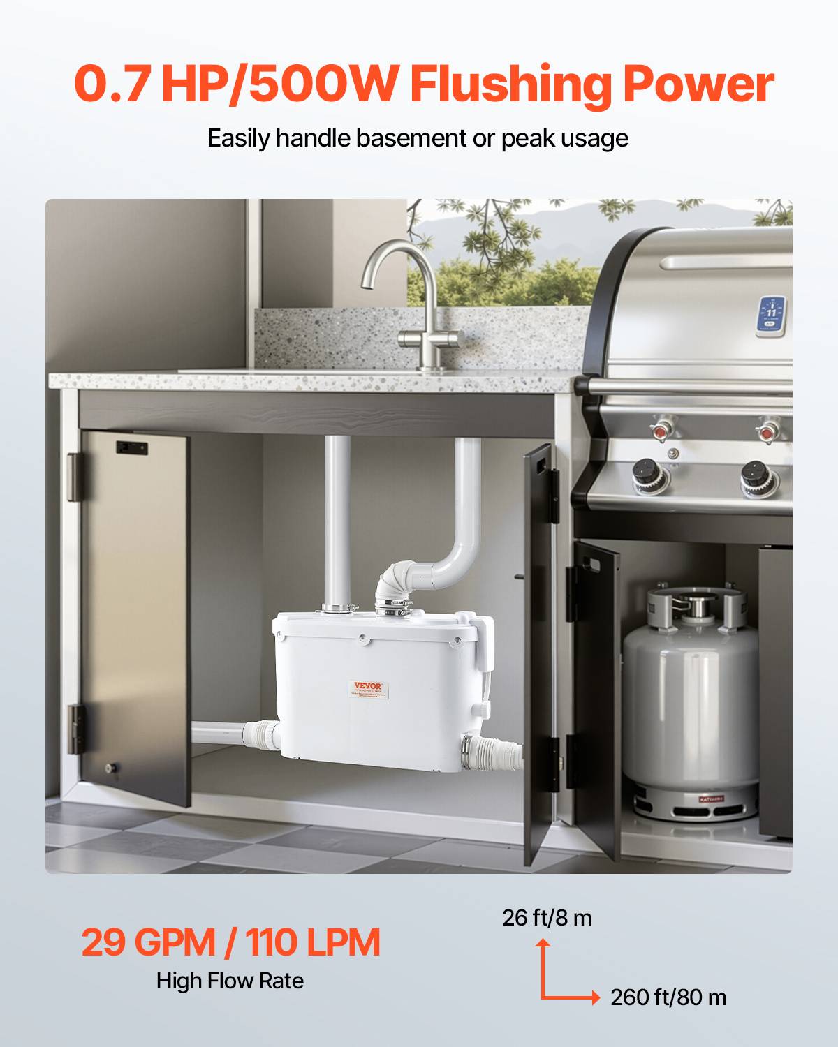 VEVOR Pompe macératrice 500W, égout 4 entrées eau, 110 L/min, ht. refoulement 8 m. - Image 4