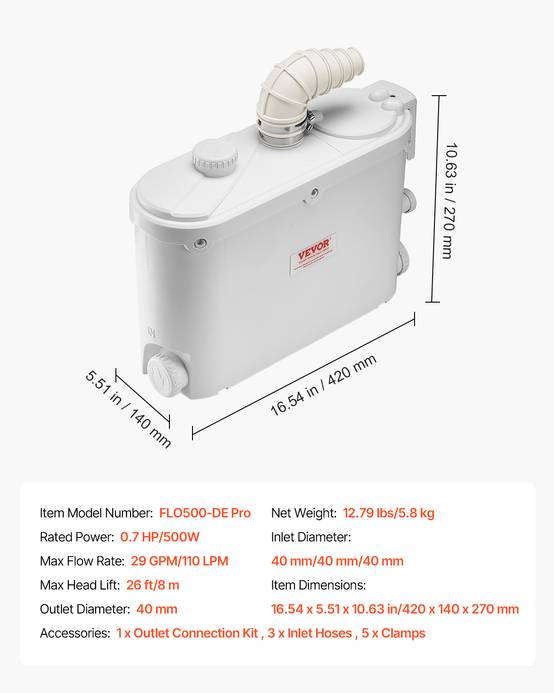 VEVOR Pompe macératrice 500W, égout 4 entrées eau, 110 L/min, ht. refoulement 8 m. - Image 7