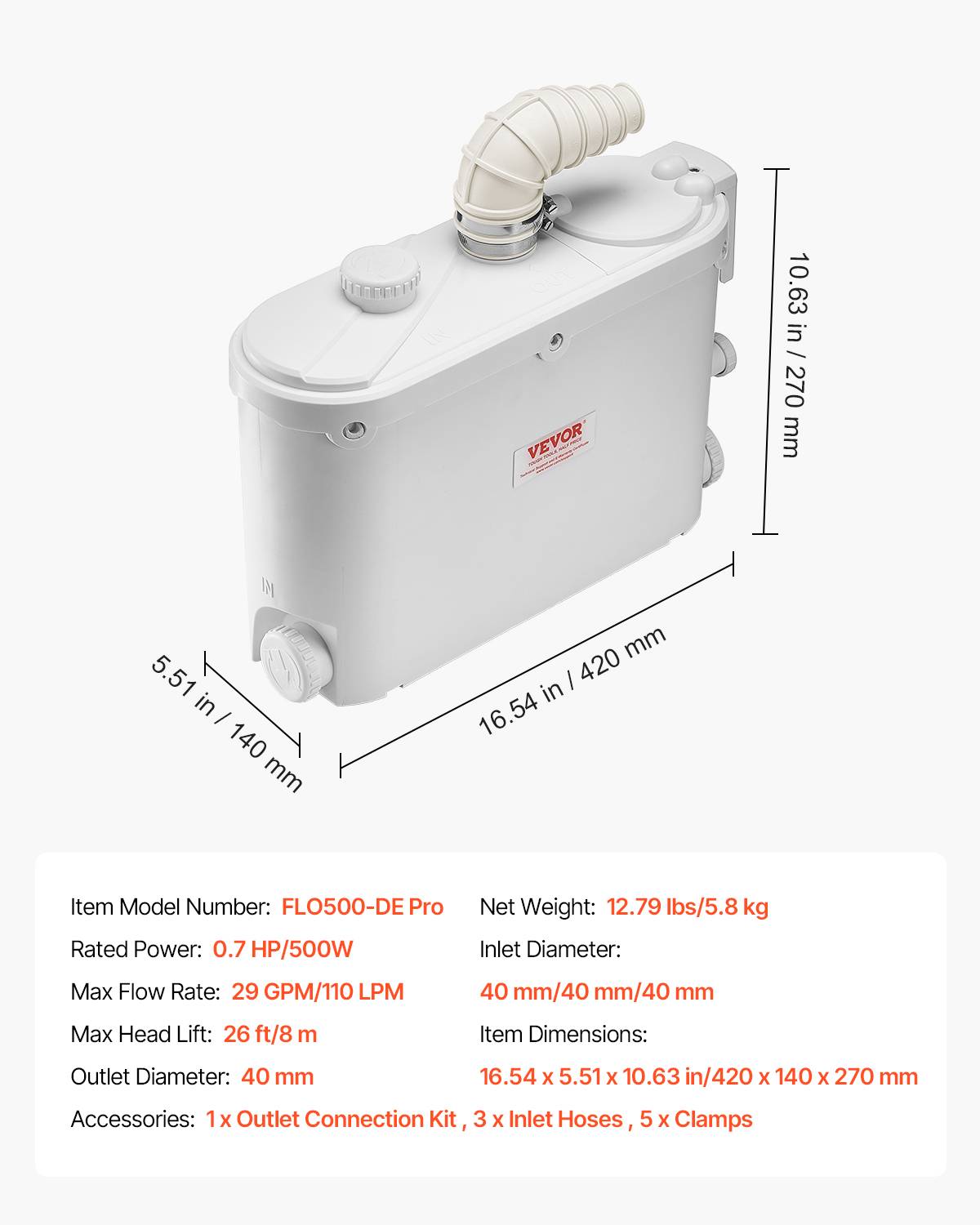 VEVOR Pompe macératrice 500W, égout 4 entrées eau, 110 L/min, ht. refoulement 8 m. - Image 7