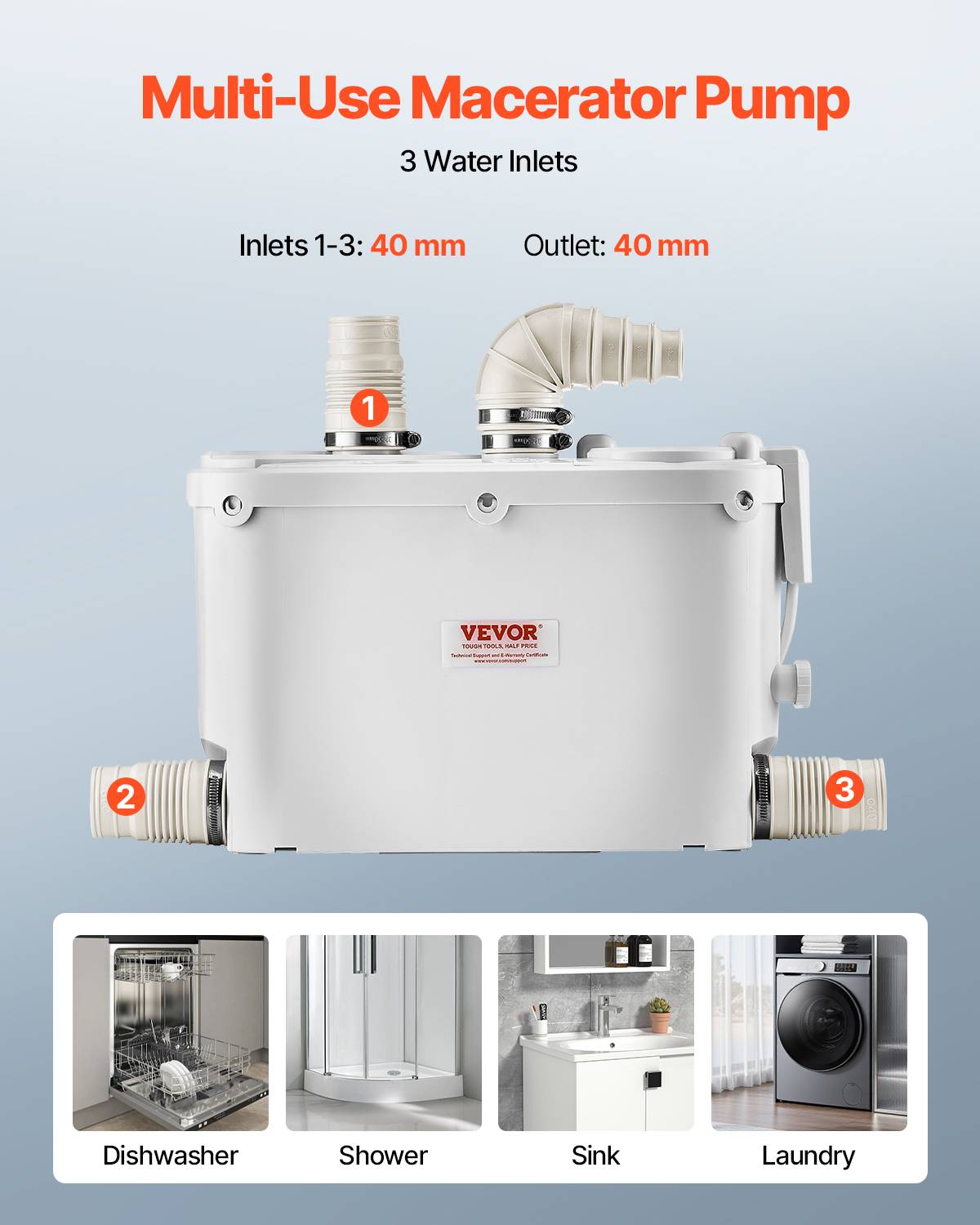 VEVOR Pompe macératrice 500W, égout 4 entrées eau, 110 L/min, ht. refoulement 8 m. - Image 6