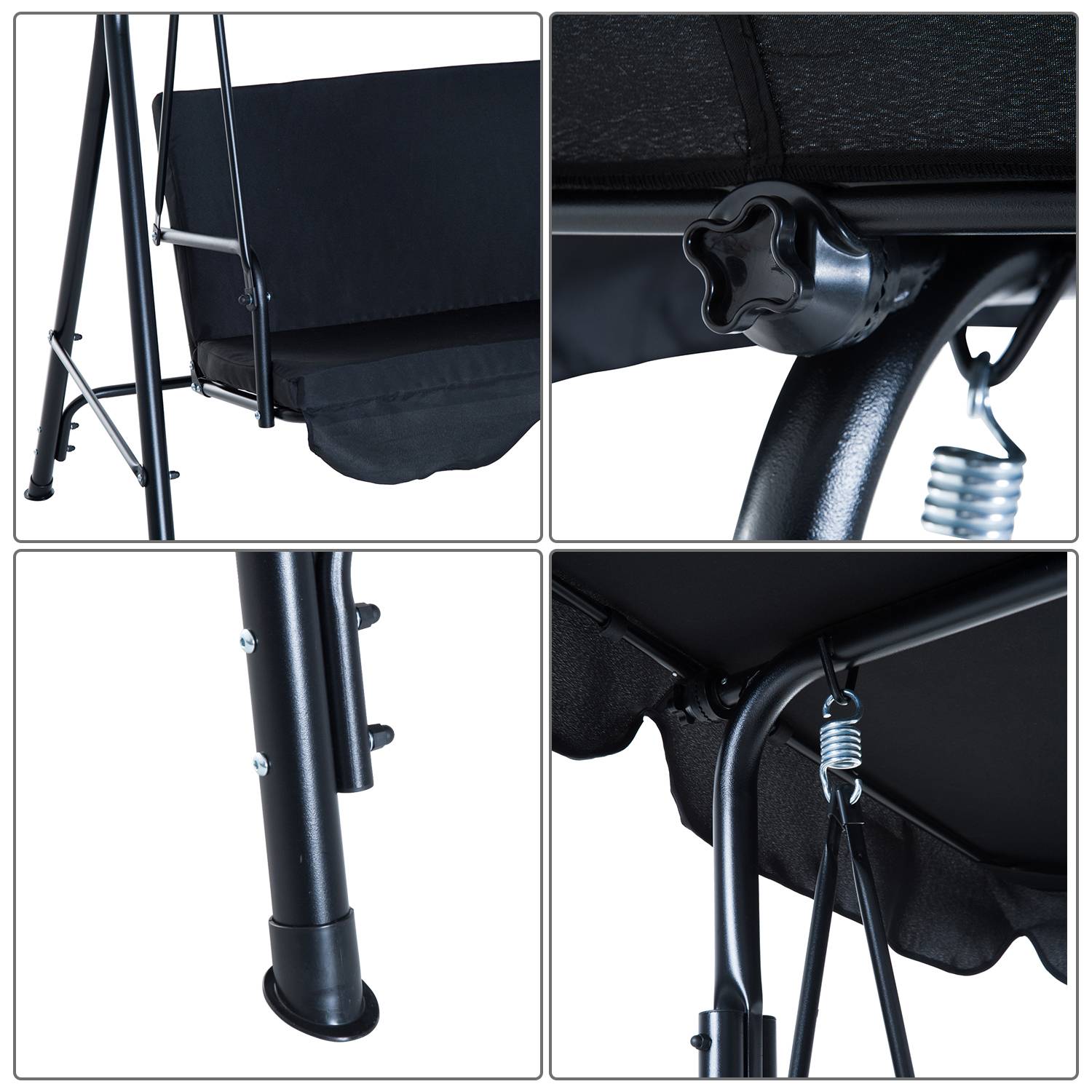 Outsunny - Balancelle de jardin 3 places toit inclinaison réglable coussins assise et dossier 1,72L x 1,1l x 1,52H m acier noir polyester noire - Outsunny - Imagen 7