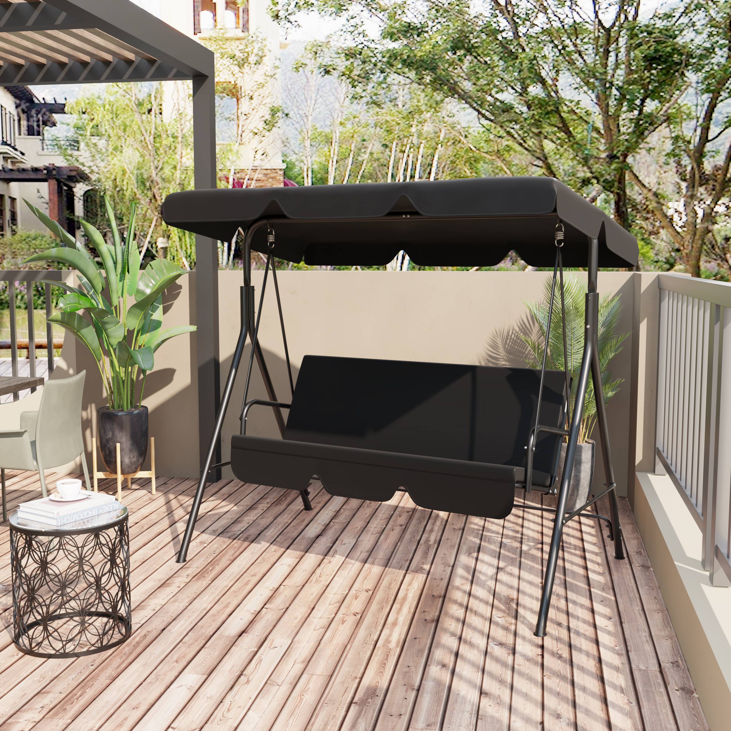 Outsunny - Balancelle de jardin 3 places toit inclinaison réglable coussins assise et dossier 1,72L x 1,1l x 1,52H m acier noir polyester noire - Outsunny - Imagen 2