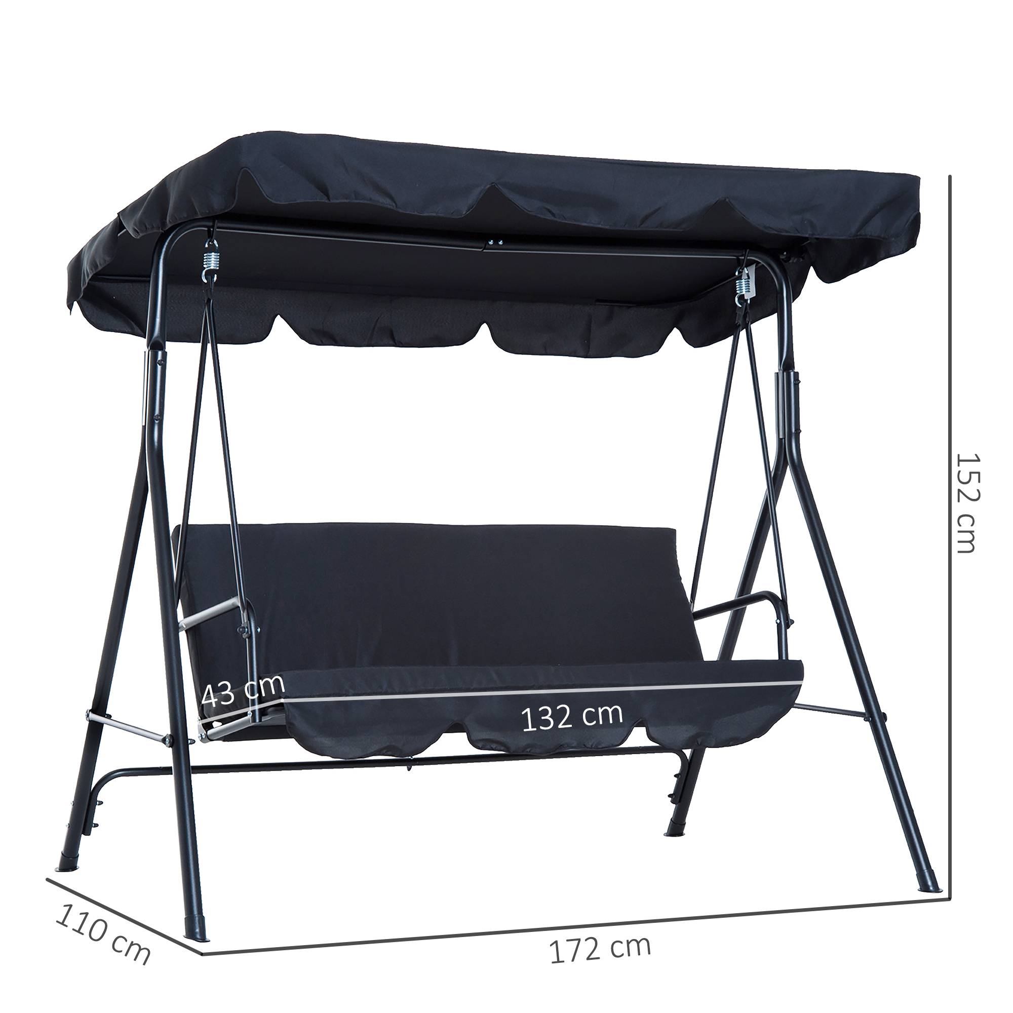 Outsunny - Balancelle de jardin 3 places toit inclinaison réglable coussins assise et dossier 1,72L x 1,1l x 1,52H m acier noir polyester noire - Outsunny - Imagen 3