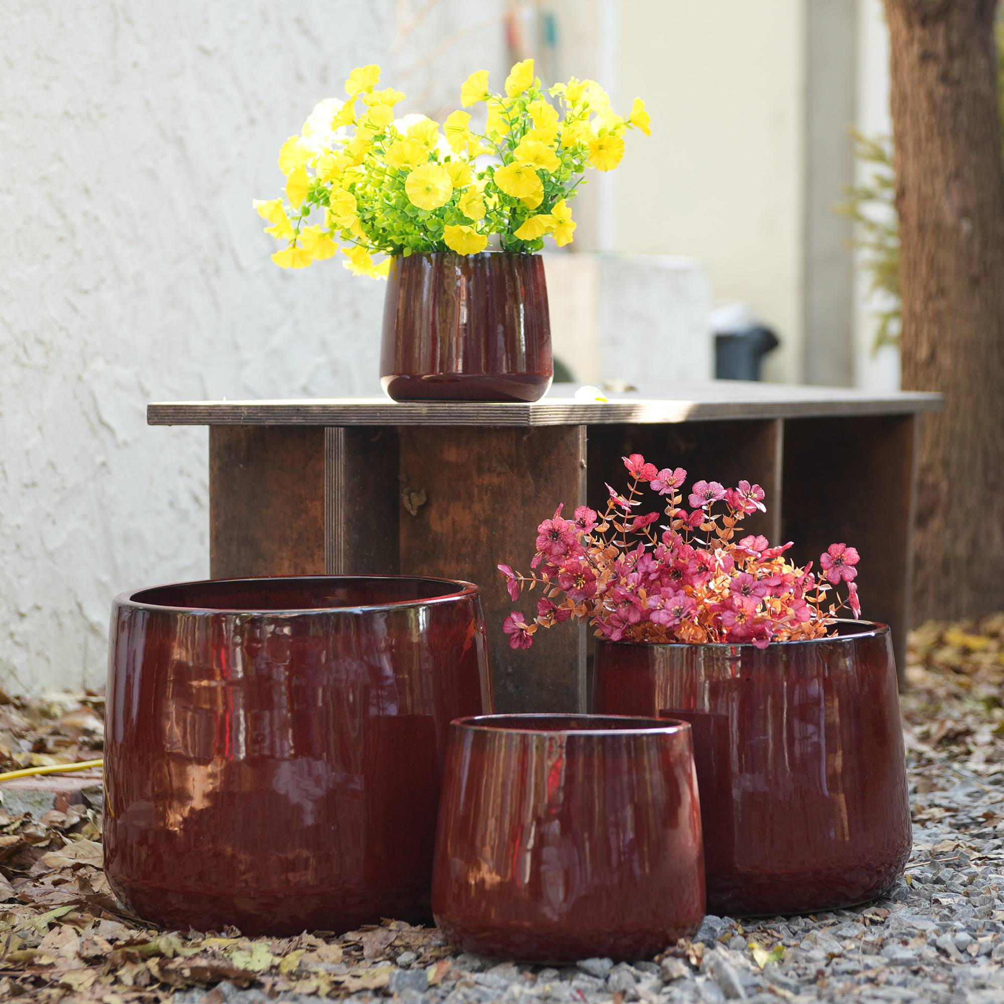 ComfortXL - Lot de 4 pots en céramique Ø 15 à 33 cm rouge profond intérieur jardin drainage - ComfortXL Outdoor Living
