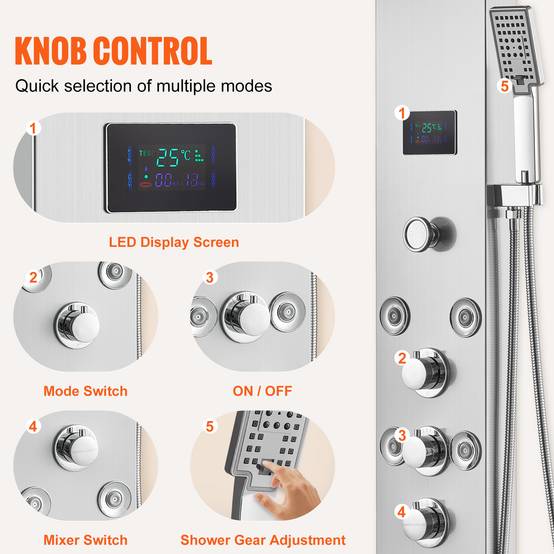 Vevor - VEVOR Système de Panneau de Douche 6 Modes, Hydroélectrique LED, 8 Jets de Massage, Bec de Baignoire. - Image 5