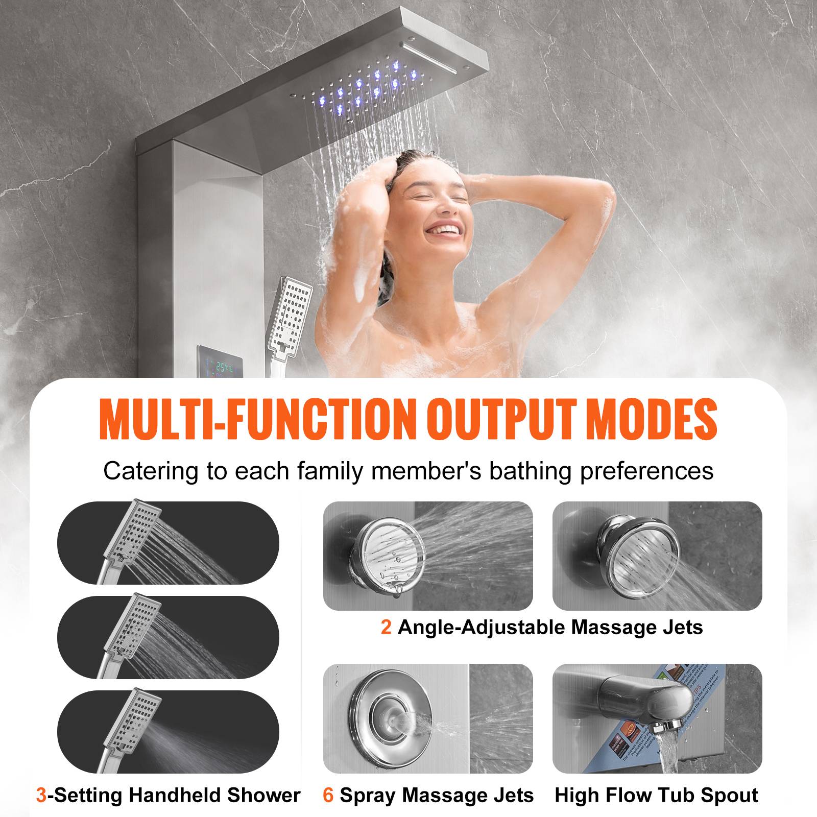 Vevor - VEVOR Système de Panneau de Douche 6 Modes, Hydroélectrique LED, 8 Jets de Massage, Bec de Baignoire. - Image 4