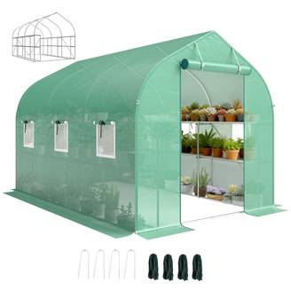 Serre tunnel de jardin 6m², serre de jardin avec étagères, porte et 6 fenêtres, cadre en acier galvanisé, vert