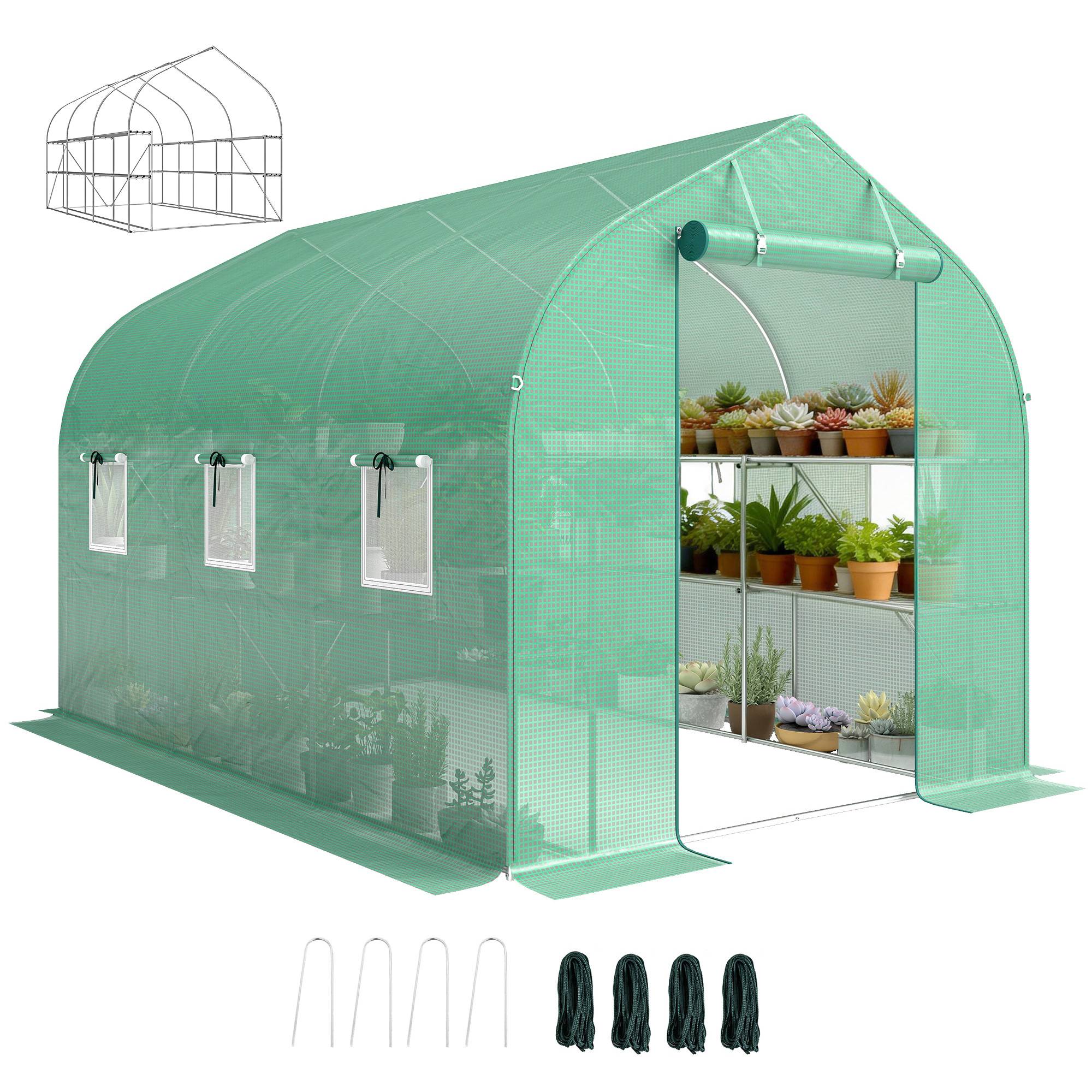 Serre tunnel de jardin 6m², serre de jardin avec étagères, porte et 6 fenêtres, cadre en acier galvanisé, vert - Image 1