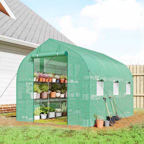 Serre tunnel de jardin 6m², serre de jardin avec étagères, porte et 6 fenêtres, cadre en acier galvanisé, vert - Image 3