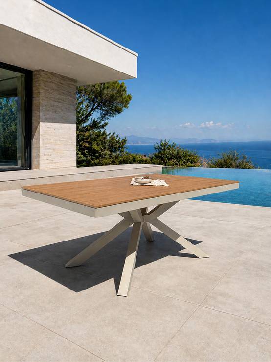 Dcb Garden - Table de jardin en alu plateau polywood aspect bois - Grège - LAMU - Image 1