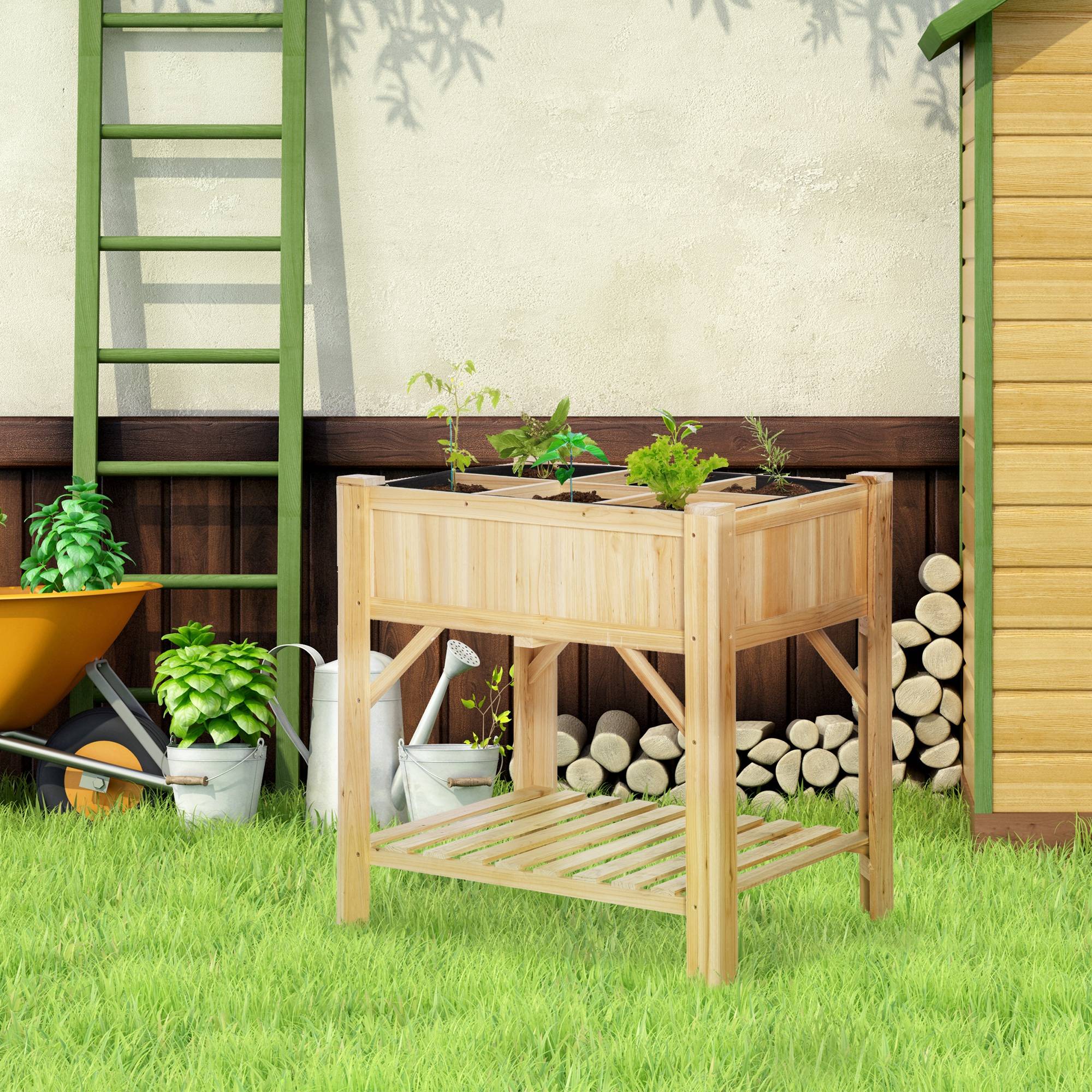 ComfortXL - Carré potager surélevé en bois de sapin coloris naturel 78,5 x 58 x 81 cm avec 6 compartiments et étagère - Image 1