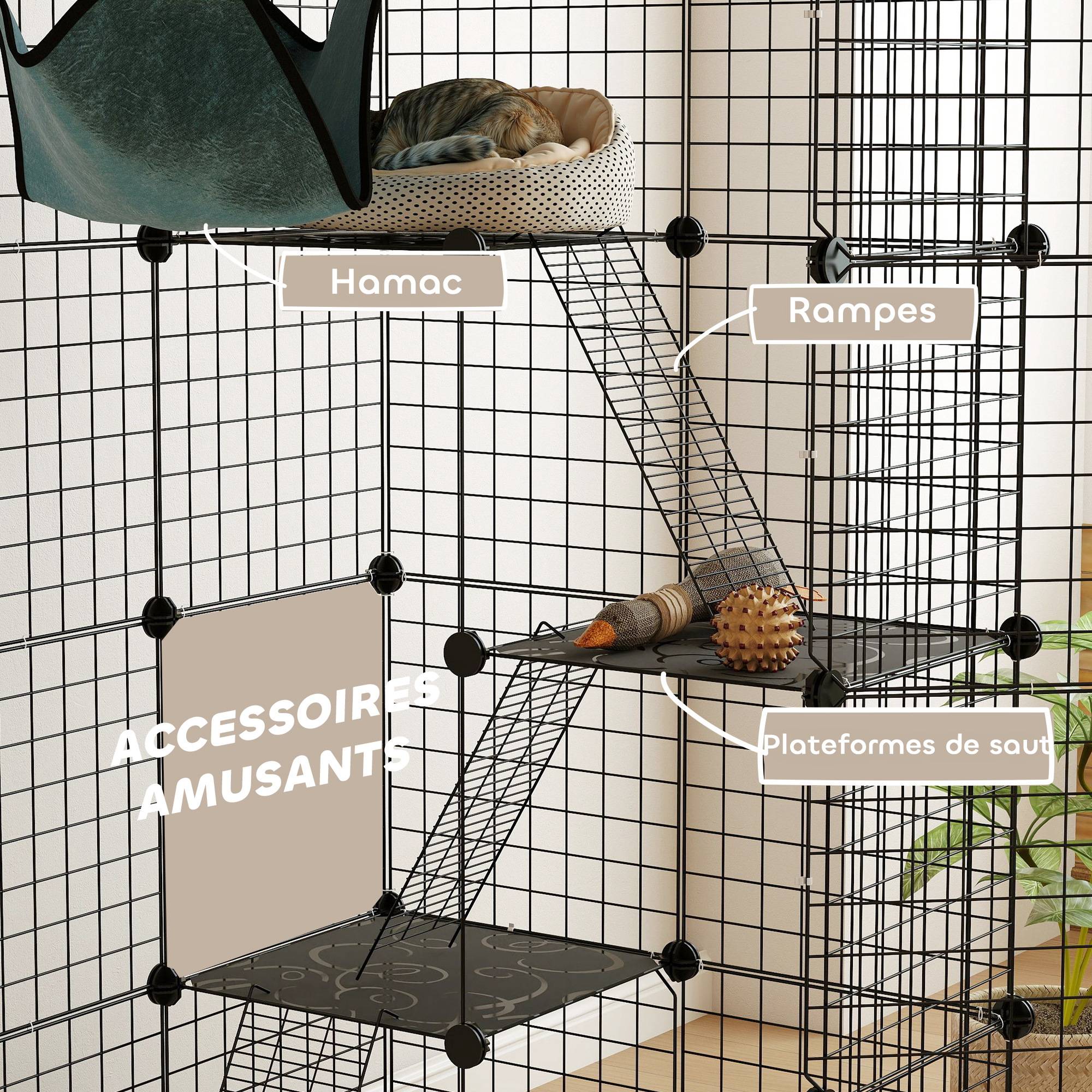 Sans Marque - Cage pour chat d'intérieur parc pour chat en acier à 4 niveaux DIY avec 5 portes hamac 1-3 chats 105 x 70 x 140 cm noir - Image 9