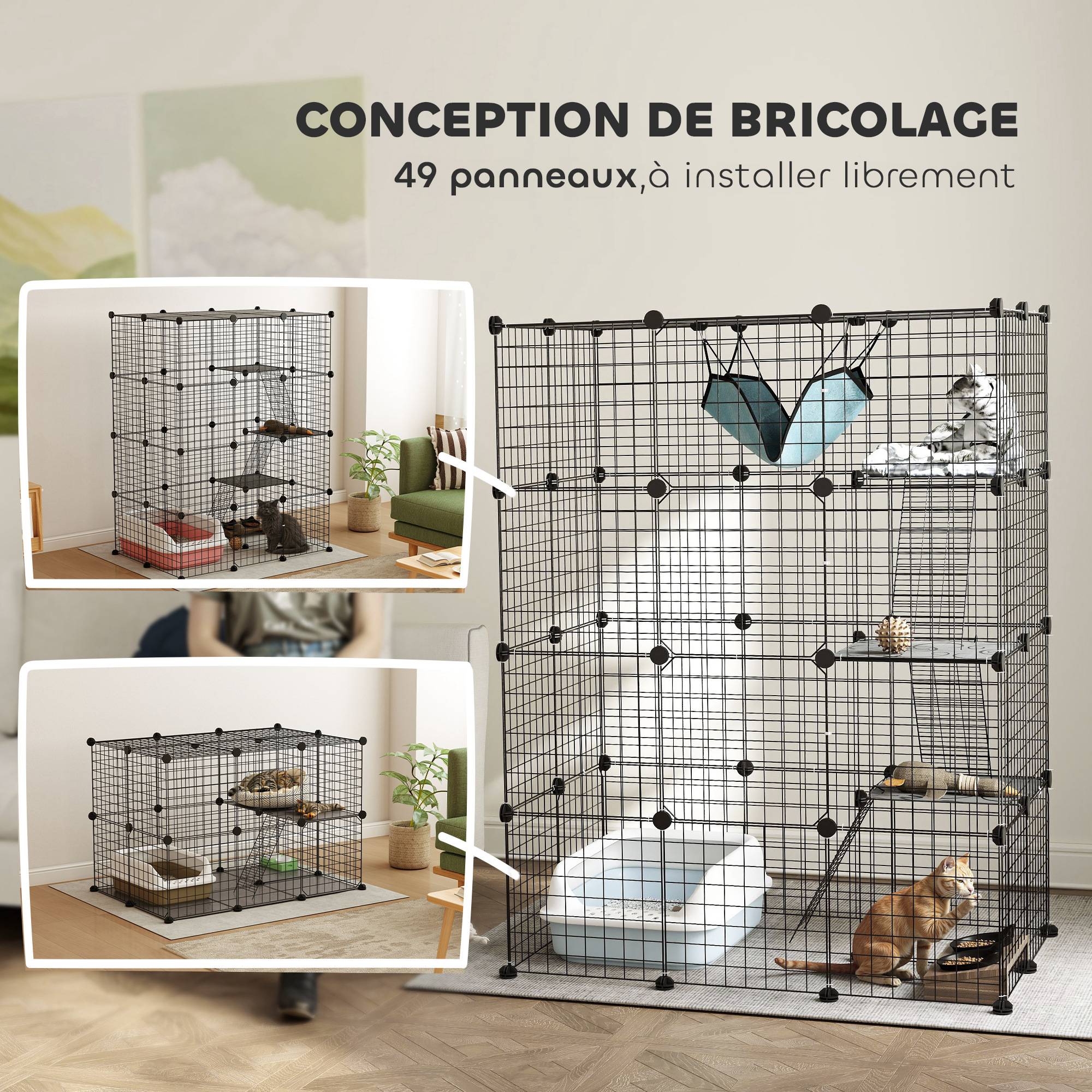 Sans Marque - Cage pour chat d'intérieur parc pour chat en acier à 4 niveaux DIY avec 5 portes hamac 1-3 chats 105 x 70 x 140 cm noir - Image 7