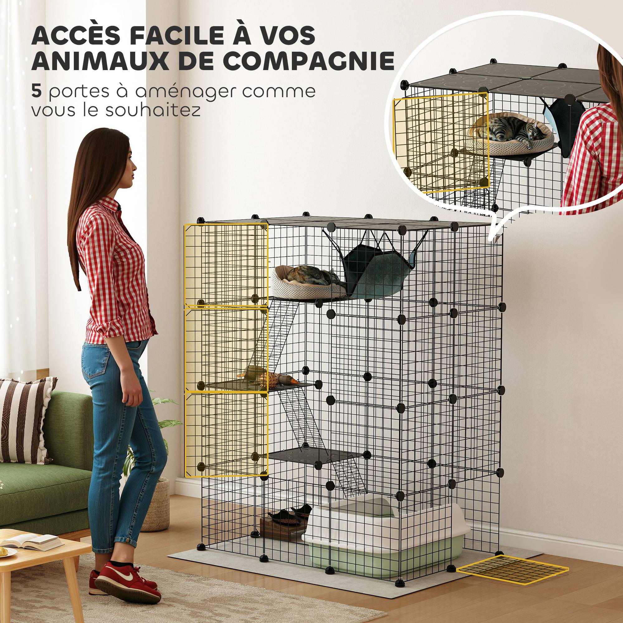 Sans Marque - Cage pour chat d'intérieur parc pour chat en acier à 4 niveaux DIY avec 5 portes hamac 1-3 chats 105 x 70 x 140 cm noir - Image 8