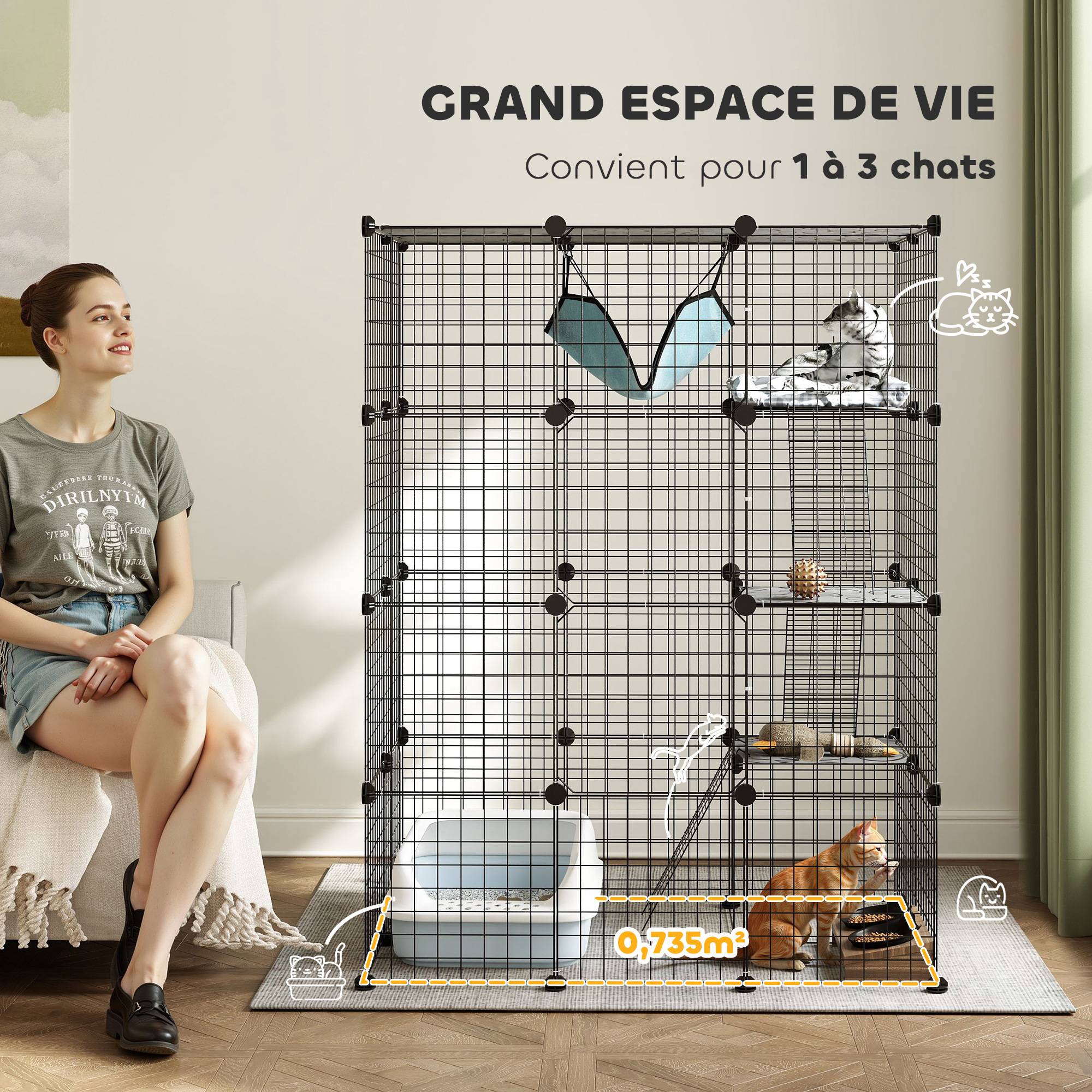 Sans Marque - Cage pour chat d'intérieur parc pour chat en acier à 4 niveaux DIY avec 5 portes hamac 1-3 chats 105 x 70 x 140 cm noir - Image 6