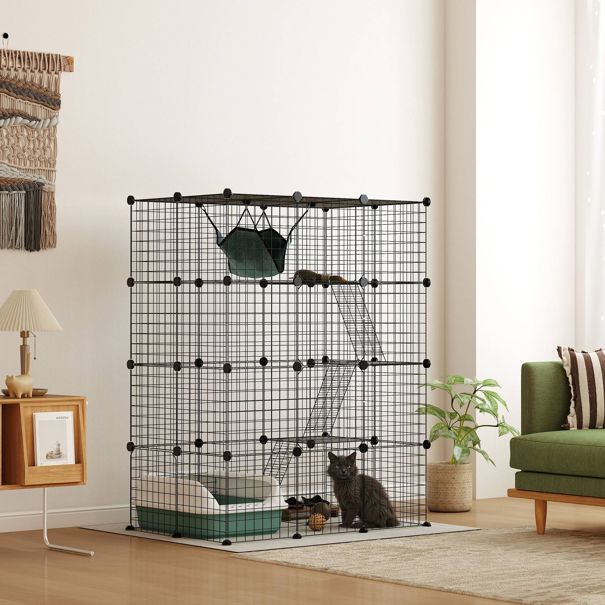 Sans Marque - Cage pour chat d'intérieur parc pour chat en acier à 4 niveaux DIY avec 5 portes hamac 1-3 chats 105 x 70 x 140 cm noir - Image 3